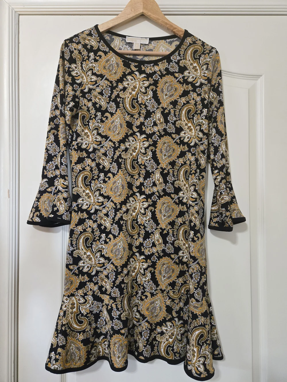 Michael Kors Black Paisley Midi Dress with Gold Accents Ruffles Fall Elegant
